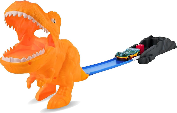 Dinosaurier-Bahn Tyrannosaurus T-Rex mit Launcher und Auto aus Metall Rennbahn Autos Todessprung Fle