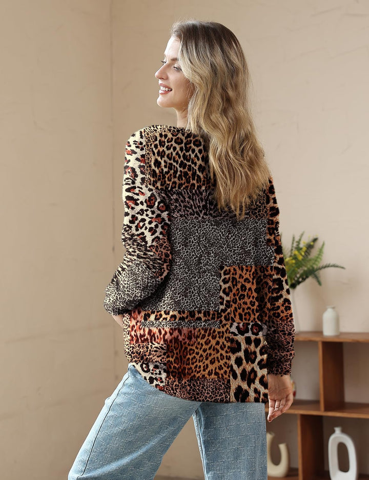 Janein Damen Pullover Oversize Lang Strickpullover Herbst Winter Rundhals Sweater mit Blumenmuster W