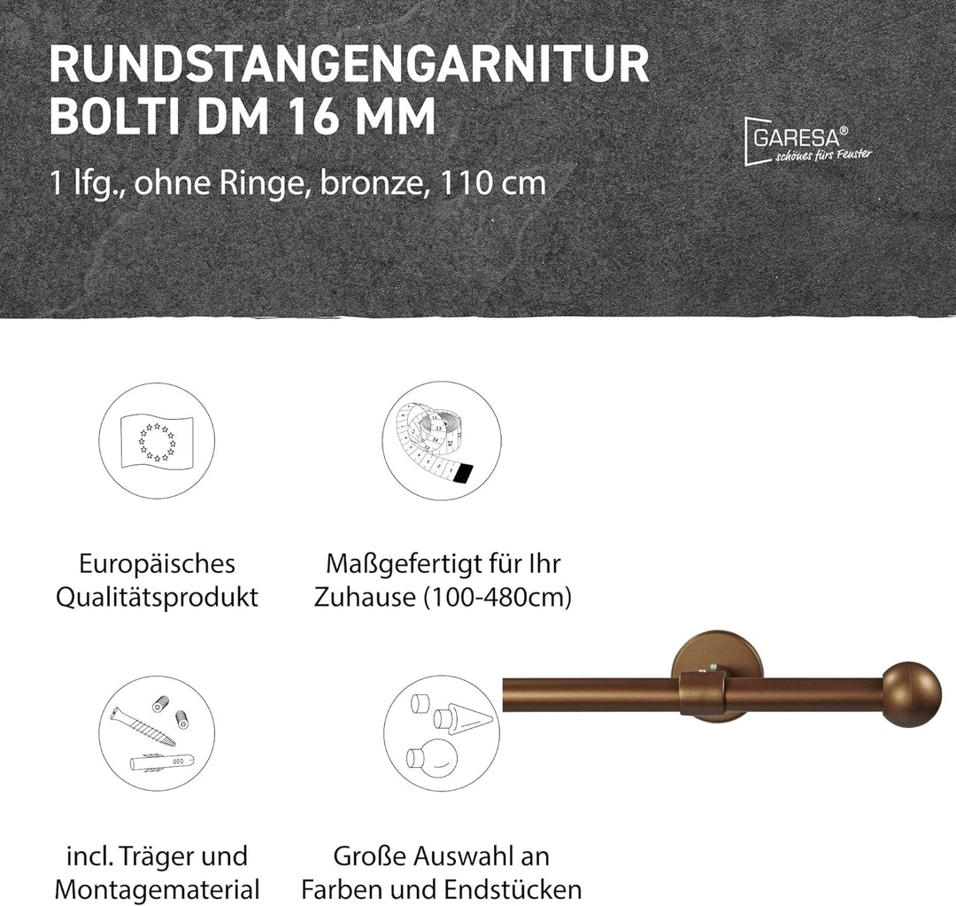 Garesa Gardinenstange Bolti Ø 16mm, 1-läufig, Bronze I Stabile Vorhangstange ohne Ringe I Mit Endkno
