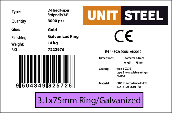 34° Halbkopf-Streifennägel - 3,1X75mm, 3.000 stück, Nägel für Druckluft-Nagler, D-Kopf, Ring/Verzink