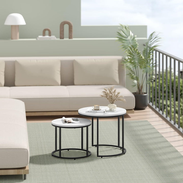 NMK HOME Couchtisch Holz Rund 2er Set 43/53 cm - Runder Couch Tisch - Industrielle Satztische Marmor