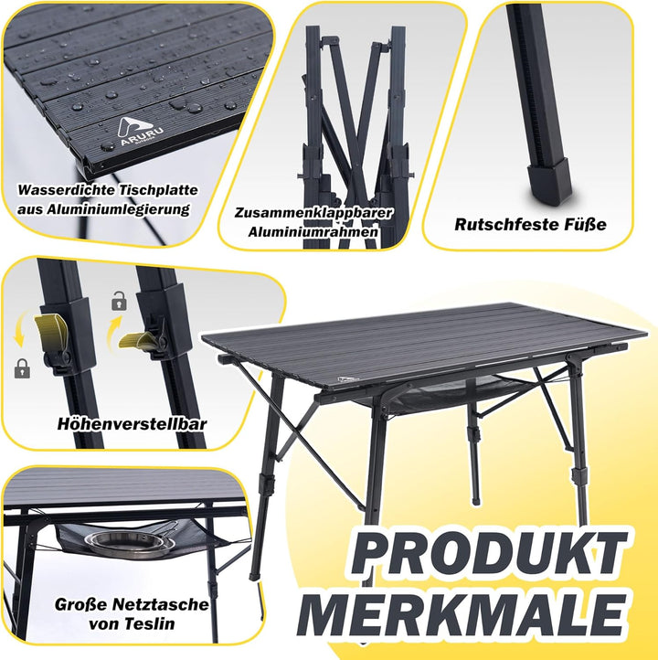 Campingtisch faltbar Klapptisch 90×53cm mit Aluminiumrahmen Aufrollbare Tischplatte Falttisch klappb