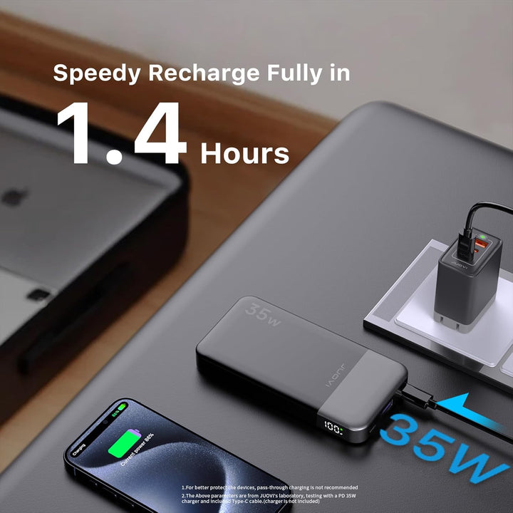 JUOVI Tragbare Powerbank 10000 mAh 35 W Schnellladung Tragbares Ladegerät mit PD 3.0 QC 4.0, 2 Typ-C