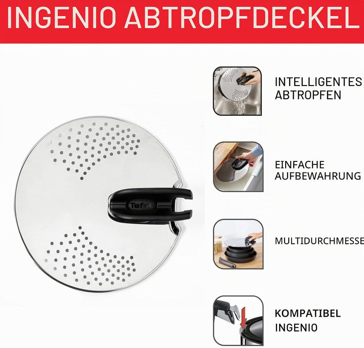 Tefal Ingenio Abtropfdeckel aus Edelstahl, einfache Aufbewahrung, Multidurchmesser, kompatibel mit I