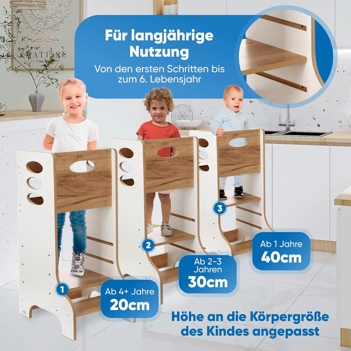 Kitchen Kids Helper Lernturm ab 1 Jahr - Höhenverstellbarer Lernturm Montessori Weiss und Eich 90cm