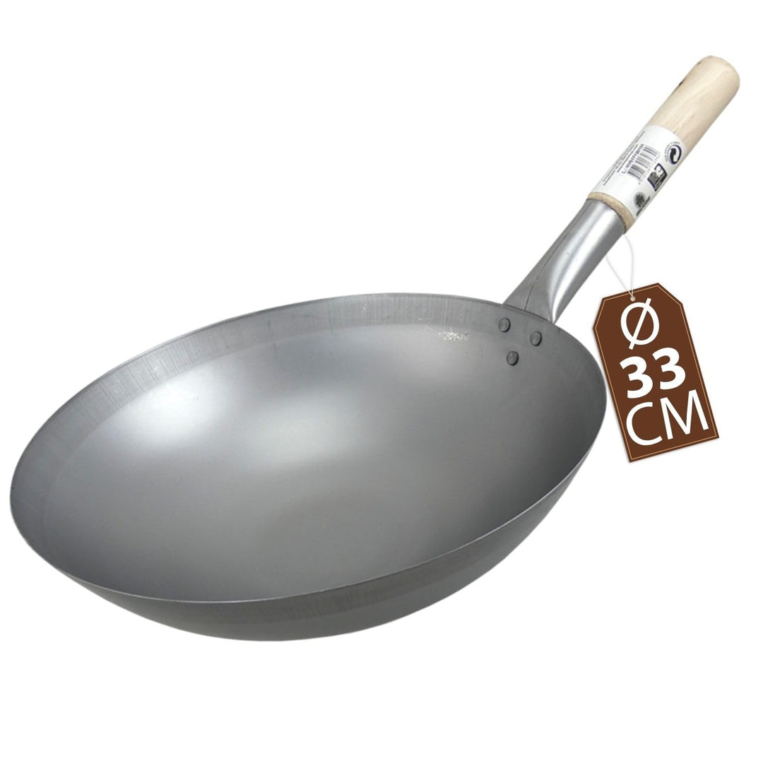 JADE TEMPLE Wok aus Carbonstahl, mit rundem Boden und 33 cm Durchmesser, mit rundem Holzgriff, 56 x