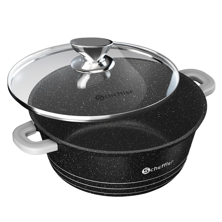 Topf Scheffler Kochtopf 28cm 6L mit Glasdeckel, Schmortopf mit Antihaftbeschichtung, Bratentopf Indu