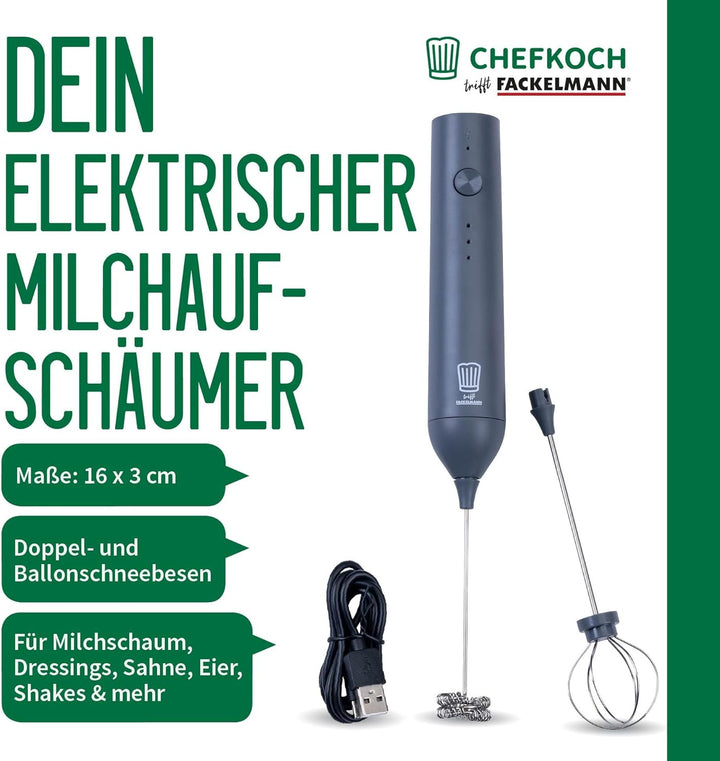 Chefkoch trifft Fackelmann Elektrischer Milchaufschäumer – inkl. 2 Schneebesen, USB-C wiederaufladba