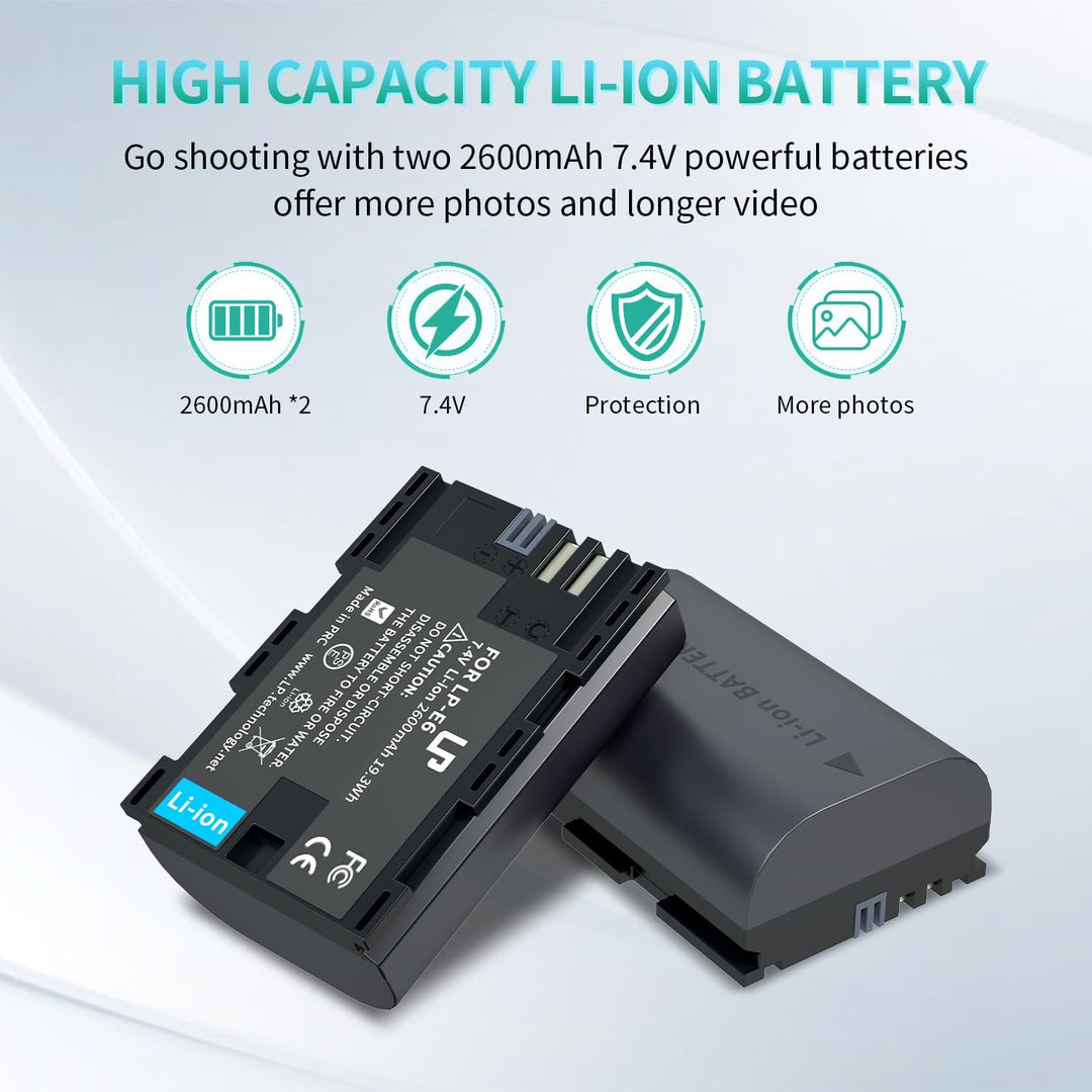 LP LP-E6 E6N Akkuladegerät-Set, 2er-Pack 2600mAh Akku &amp; Doppelladegerät | Kompatibel mit Canon EOS R