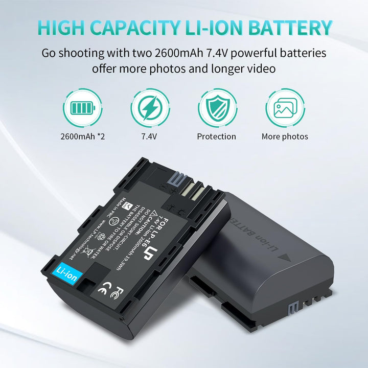 LP LP-E6 E6N Akkuladegerät-Set, 2er-Pack 2600mAh Akku &amp; Doppelladegerät | Kompatibel mit Canon EOS R