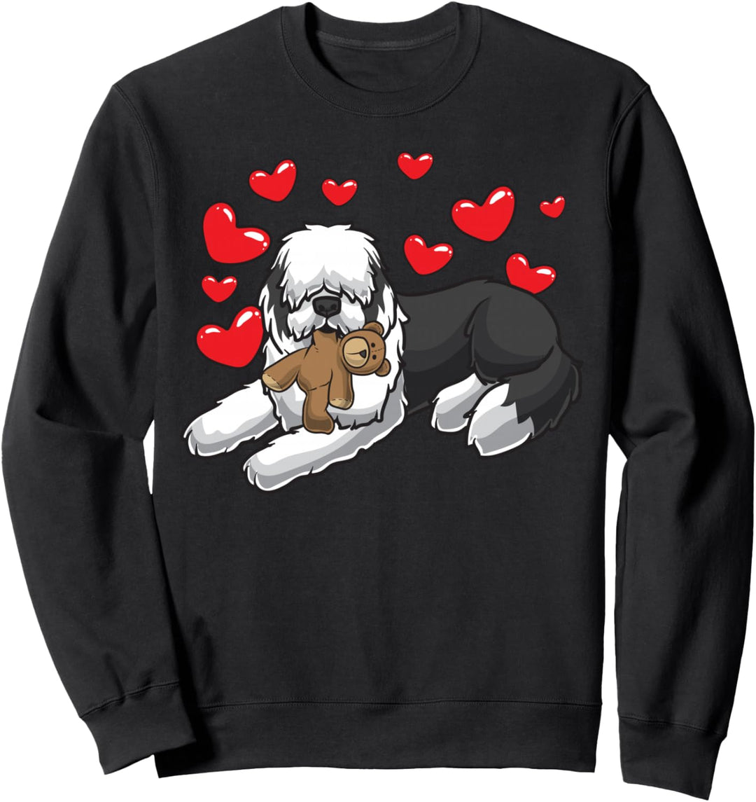 Old English Sheepdog Hund mit Stofftier und Herzen Sweatshirt