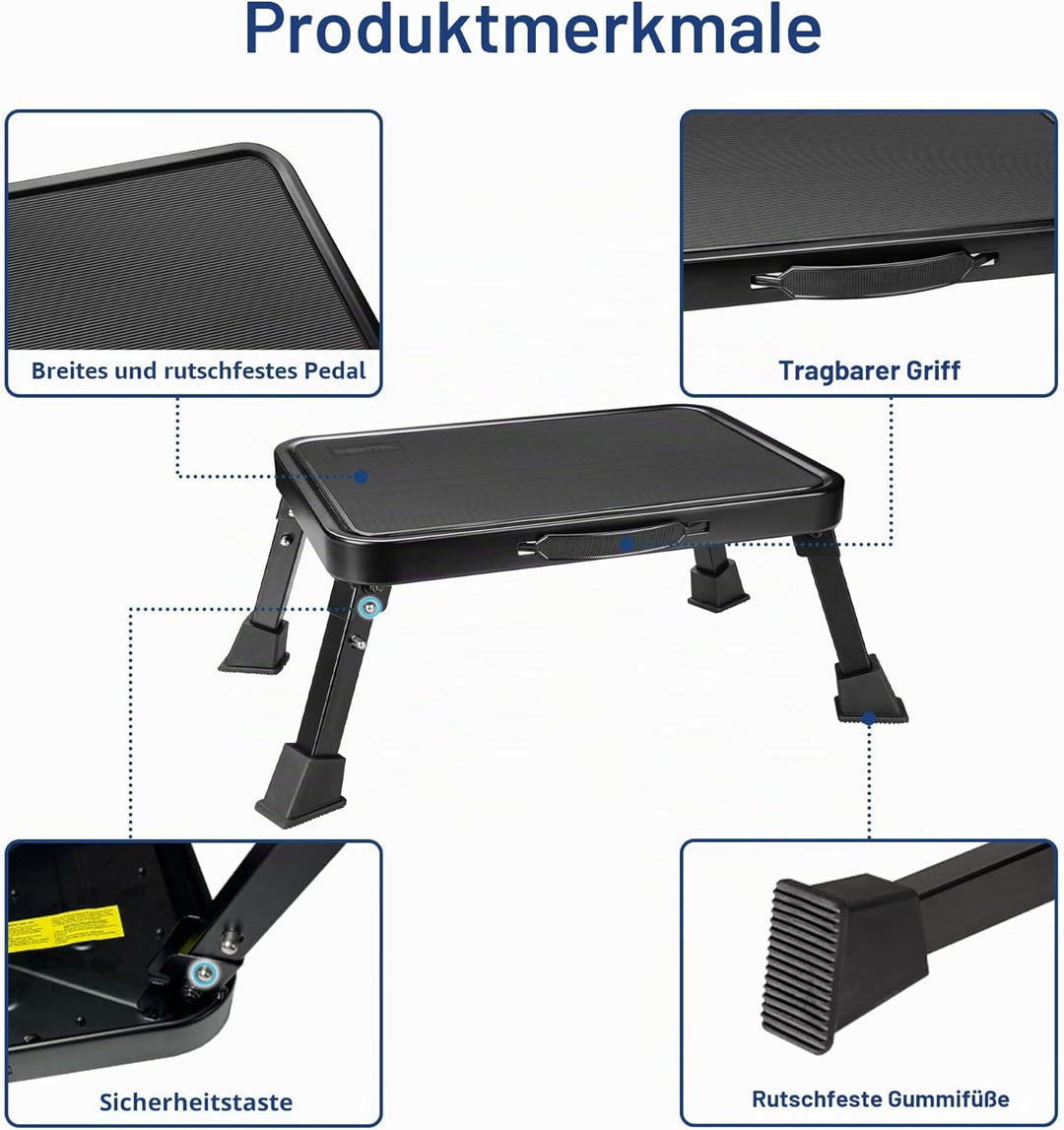 BONTEC Klappbarer Tritthocker, 150 kg Kapazität, Anti-Rutsch-Pedal, tragbare Metallleiter mit Griff,