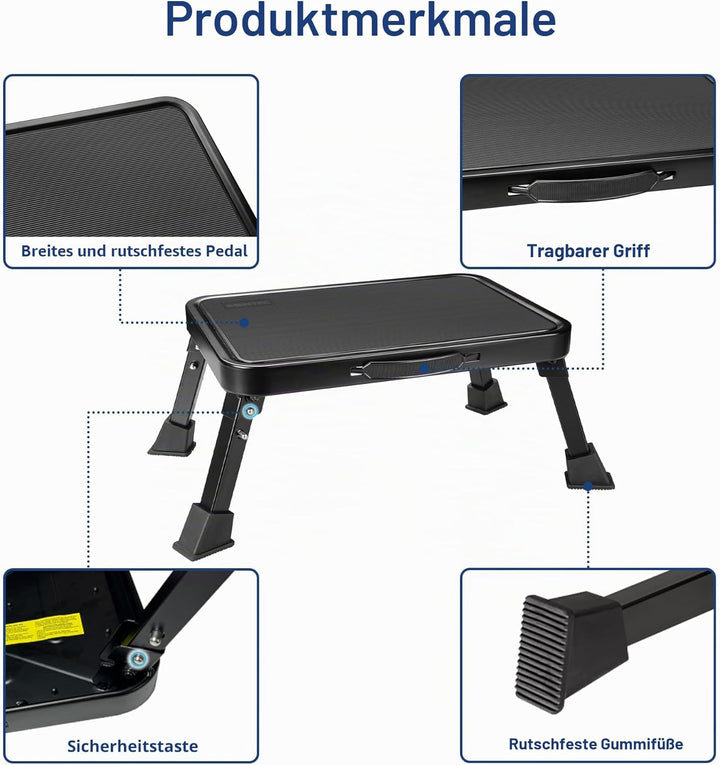 BONTEC Klappbarer Tritthocker, 150 kg Kapazität, Anti-Rutsch-Pedal, tragbare Metallleiter mit Griff,