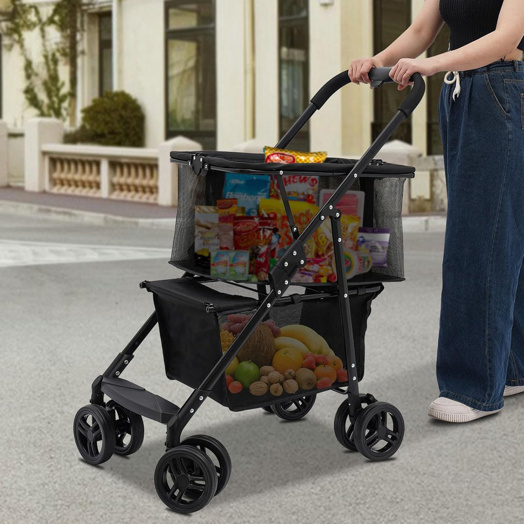 Bollerwagen Klappbarer Warenkorb 50kg Tragkraft 2 Ebenen,Abnehmbare Handtasche 4 Räder,Zusammenklapp