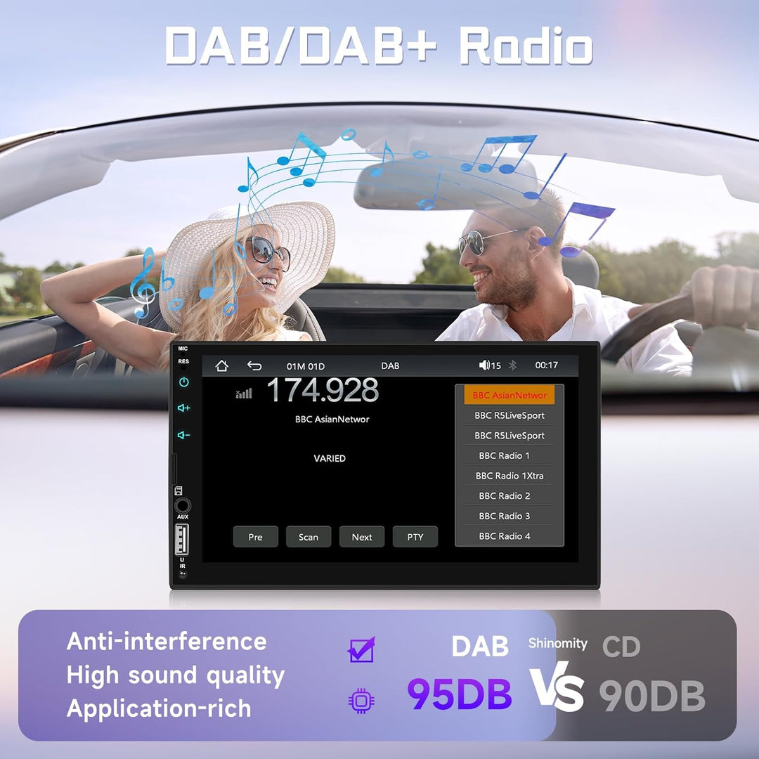 DAB/DAB+ Doppel-DIN-Autoradio mit kabellosem Carplay Android Auto Mirror Link, 7-Zoll-Touchscreen, 2