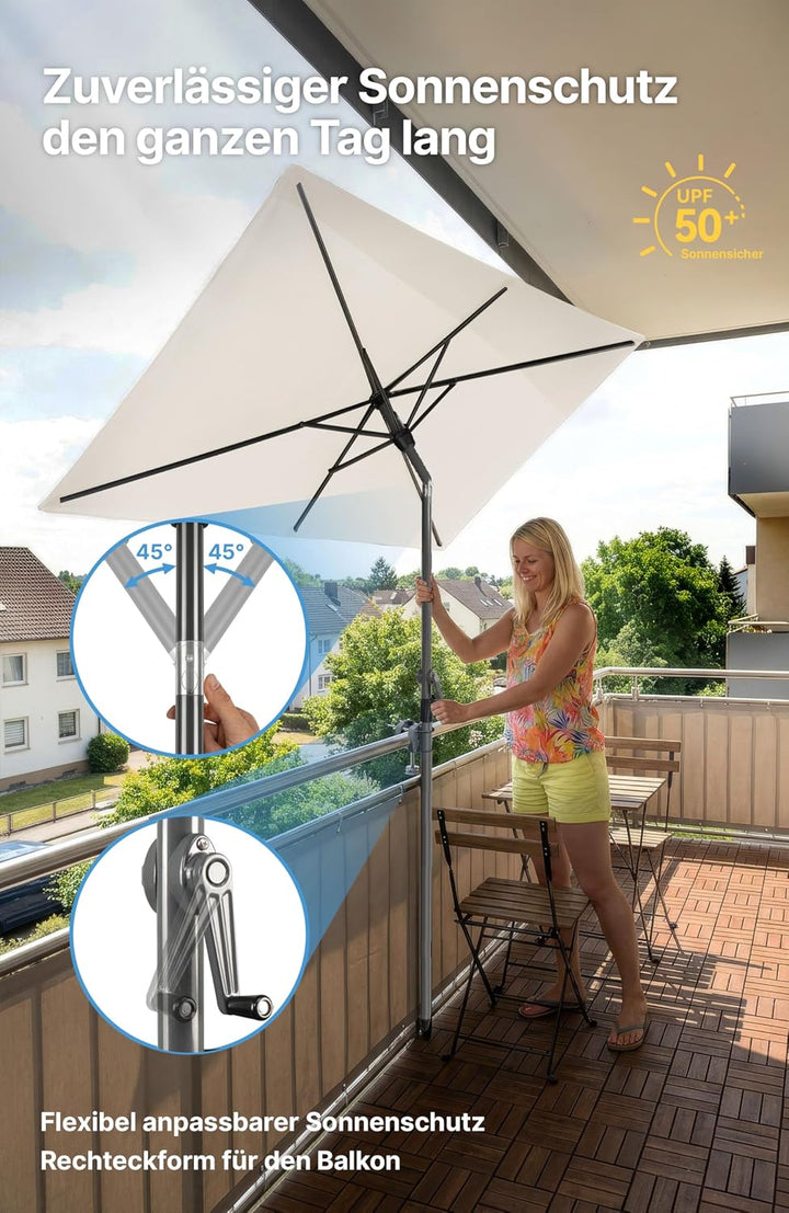 4smile SunnyShade Sonnenschirm Balkon mit Halterung im 3-er-Set, 210x140 cm,UV 50+, Beige, Balkonsch
