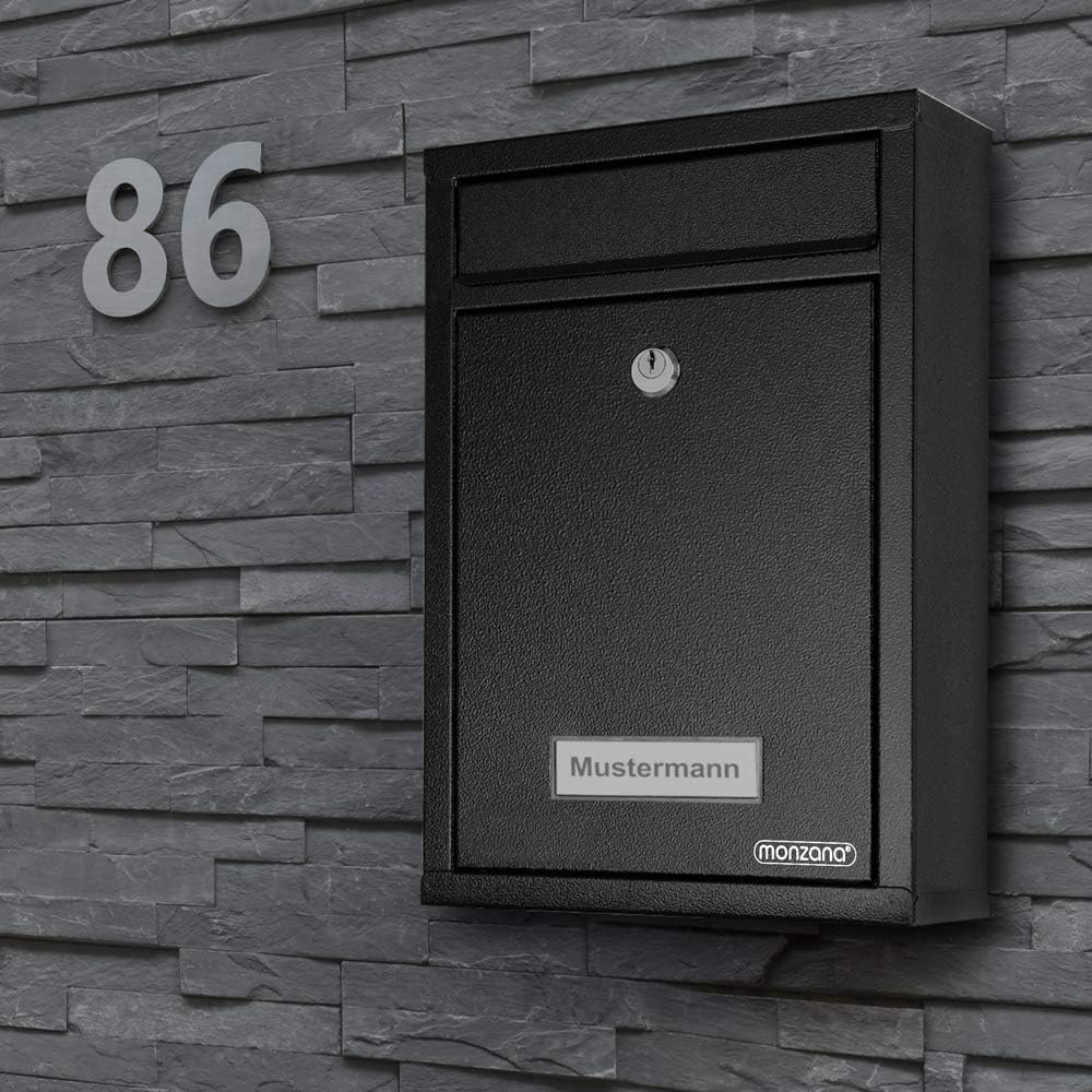 MONZANA® Briefkasten Schwarz inkl. 2 Schlüssel Namensschild abschliessbar Mailbox Briefkastenanlage