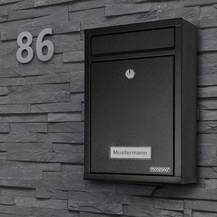 MONZANA® Briefkasten Schwarz inkl. 2 Schlüssel Namensschild abschliessbar Mailbox Briefkastenanlage