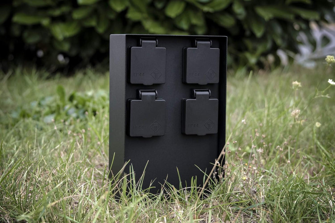 LED Universum Gartensteckdose aus Edelstahl, IP44 für aussen (Schwarz 4-fach), Schwarz 4-fach