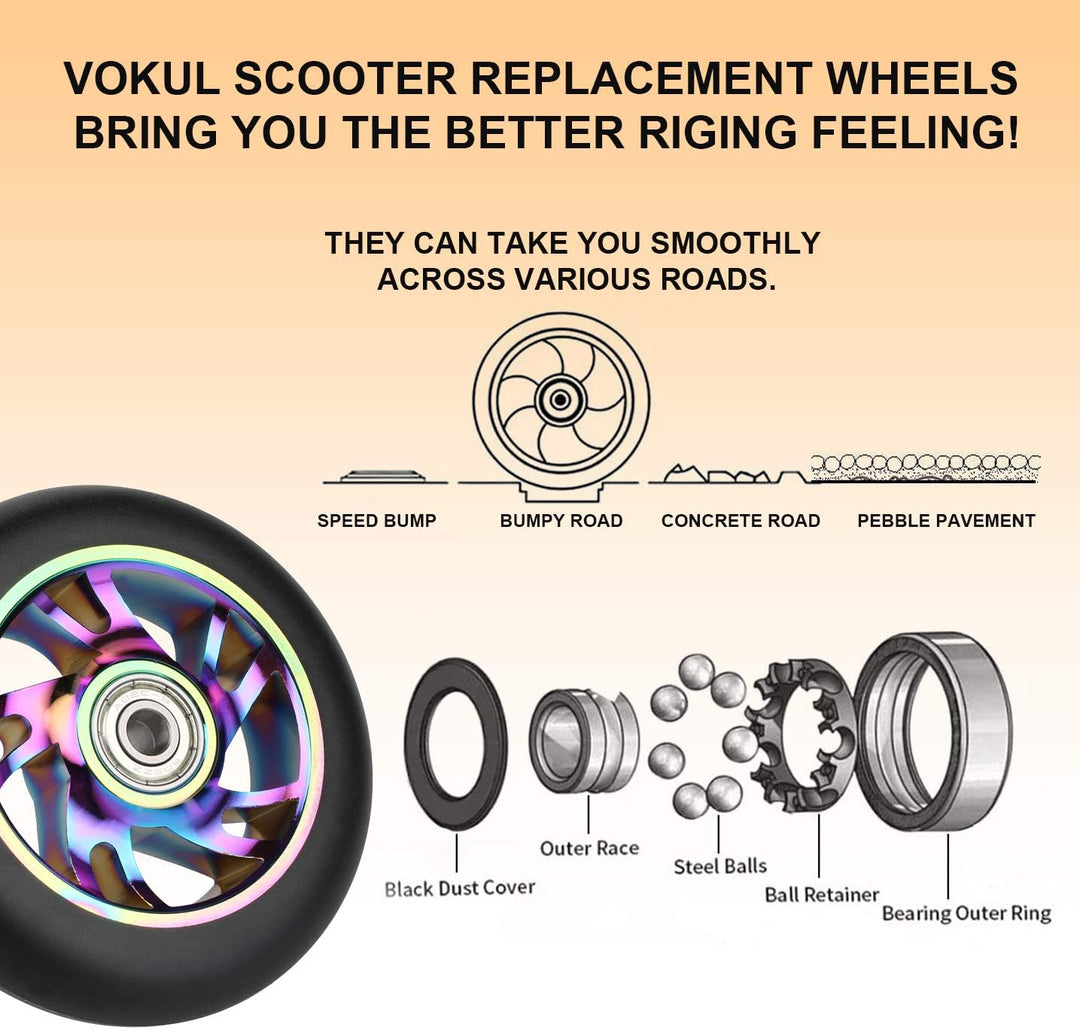 VOKUL 100mm Scooter Ersatzräder Pro Scooter Neo Rädern - mit ABEC-9 Lager, 100 x 24mm Reifen Kick Ro