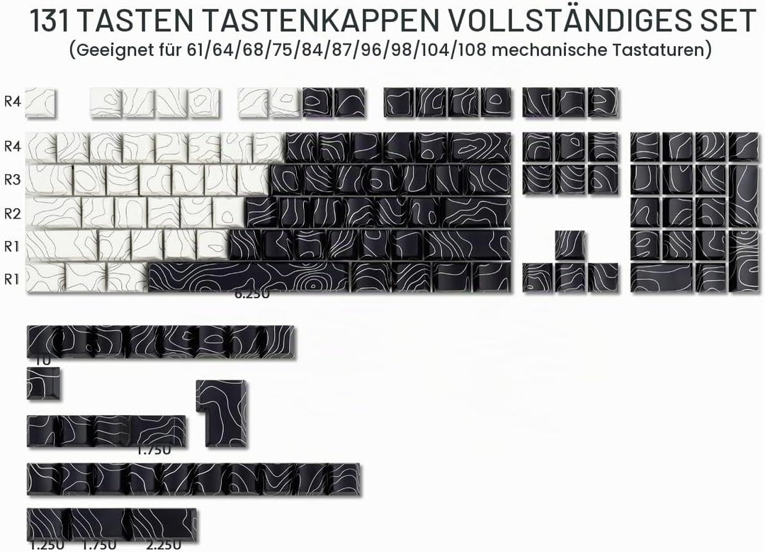 Sunzit Custom Keycaps, Weisse &amp; Schwarz Topographische 131 Tasten PBT Cherry Profil Dye Sublimation