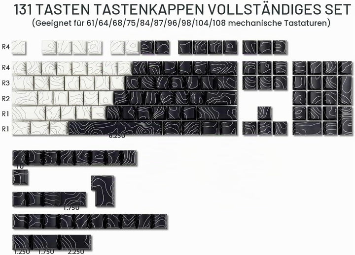 Sunzit Custom Keycaps, Weisse &amp; Schwarz Topographische 131 Tasten PBT Cherry Profil Dye Sublimation