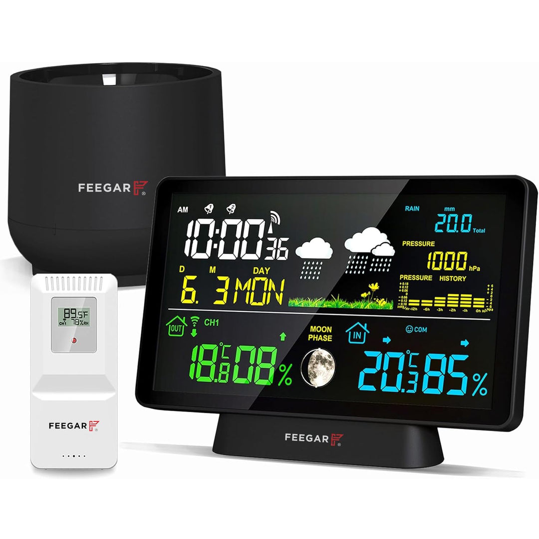 Wireless Weather Station with Digital Rain Gauge, Feegar Forecaster LCD 7,5" Indoor Outdoor Temperat