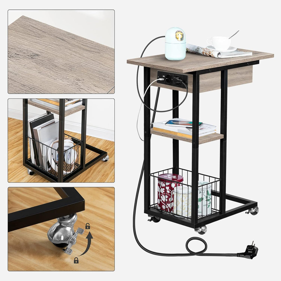 HOOBRO Beistelltisch mit Ladestation, Flip C-Form Sofatisch, Couchtisch mit Rädern und Ablagefläche,