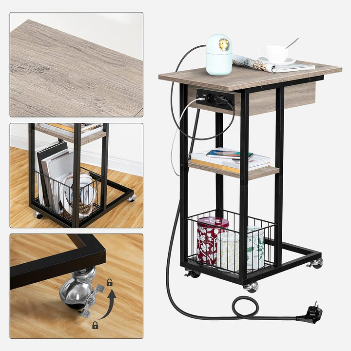 HOOBRO Beistelltisch mit Ladestation, Flip C-Form Sofatisch, Couchtisch mit Rädern und Ablagefläche,