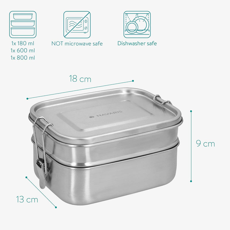 Navaris Brotdosen Set 3-teilig - Doppeldecker Lunch Box aus Edelstahl inkl. Mini Behälter - Doppel B