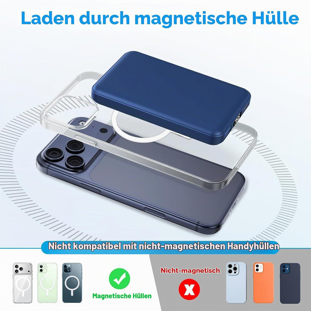 AOGUERBE for MagSafe Wireless Power Bank, Magnetische Powerbank 10000mAh mit USB C in&amp;Out, 22,5W Sch