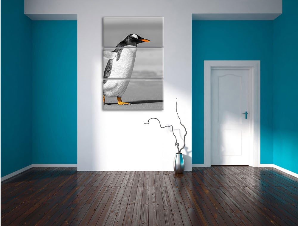 watschelnder Pinguin am Strand schwarz/weiss 3-Teiler Leinwandbild 120x80 Bild auf Leinwand
