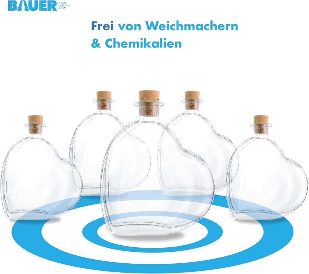 Flaschenbauer - 9 x Herz Flasche Passion: Glasflasche Herz 200 ml - 9 Mini Glasflaschen mit Korken v