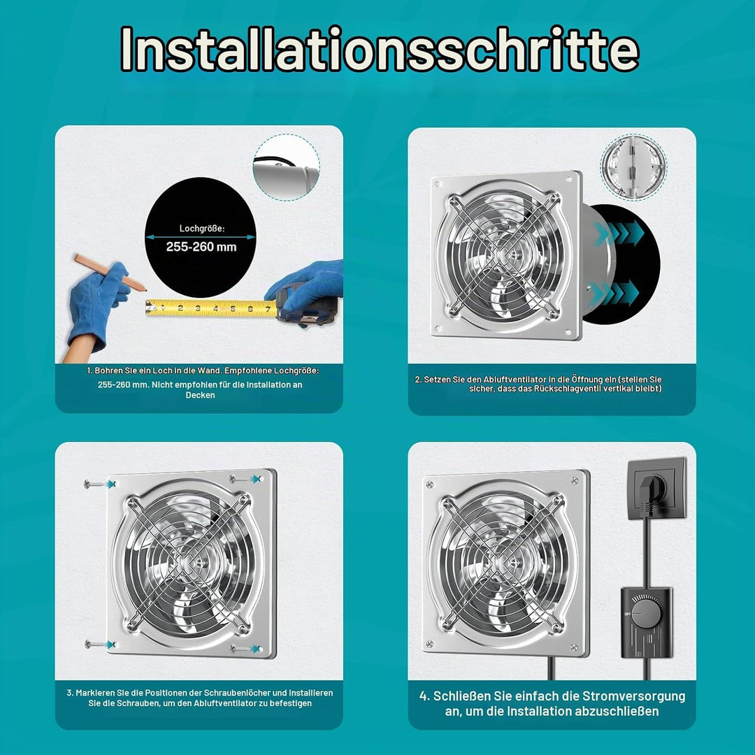 HG Power 250mm Abluftventilator 1680m³/h Wandventilator mit Rücklaufklappe Leistungsstarke mit EU-St