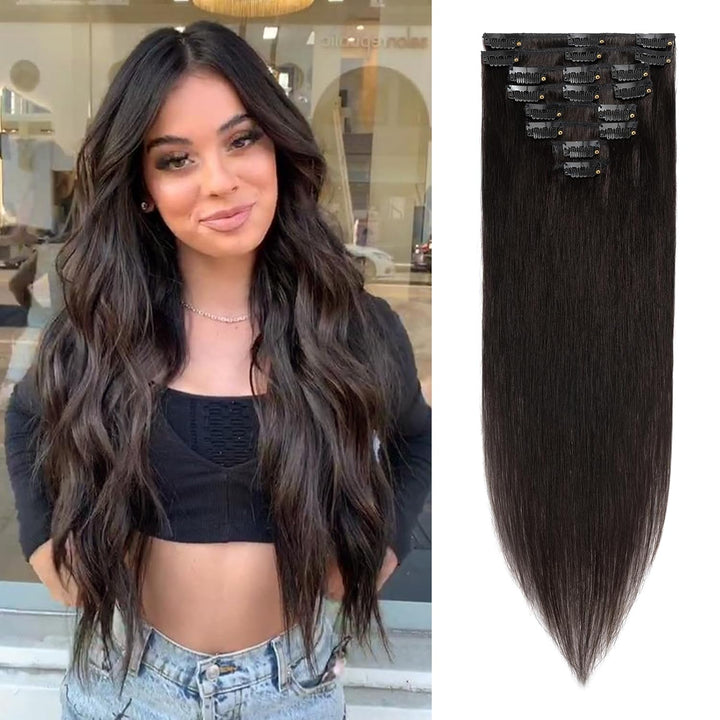 S-noilite Clip in Extensions Echthaar Natürliches Schwarz Haarverlängerung Echthaar Clip in Extensio
