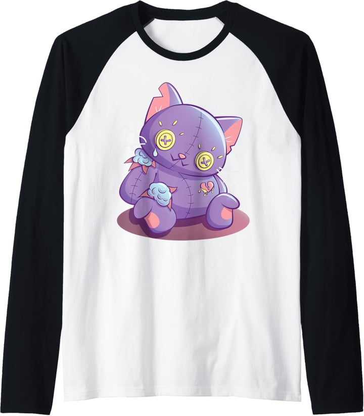 Süsse lila Katzen-Puppe Anime Ästhetische Kawaii Pastell Gothic Raglan