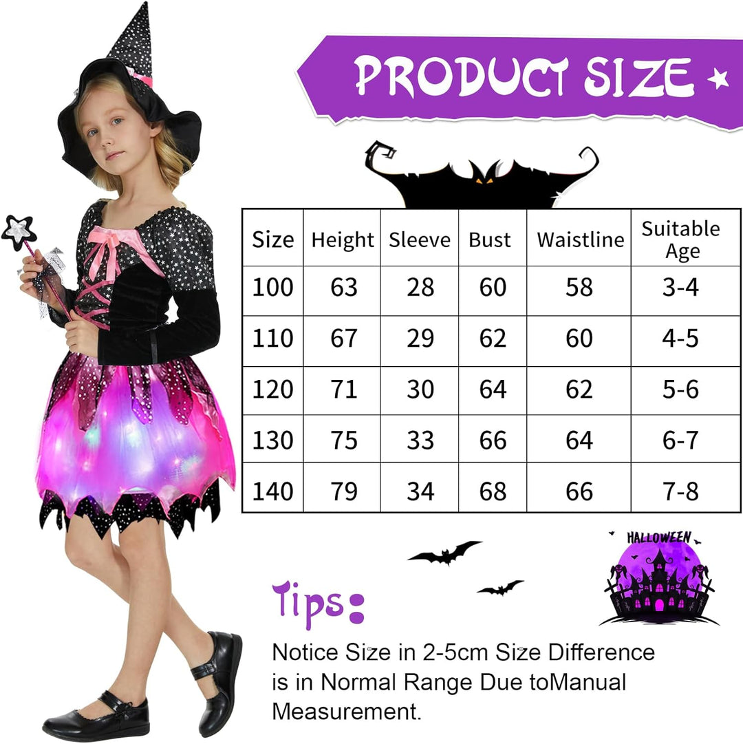 FORMIZON Mädchen Hexen Kostüm, LED Hexenkleid Kinder, Hexenkostüm mit Lichter, Kinder Zauberer verkl