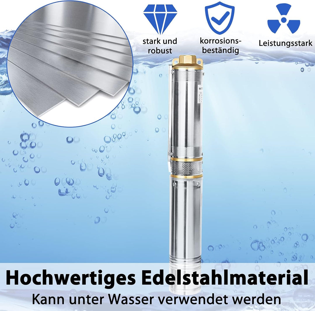Aufun Tiefbrunnenpumpe 370W, Brunnenpumpe mit 4000L/h Fördermenge, 34 m Förderhöhe, Rohrpumpe sandre