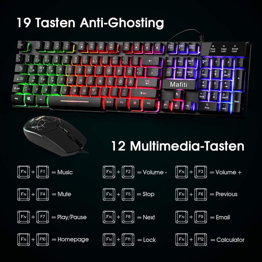 Mafiti Tastatur und Maus Set, Kabelgebundenes, LED Hintergrundbeleuchtung QWERTZ (DE-Layout), Regenb