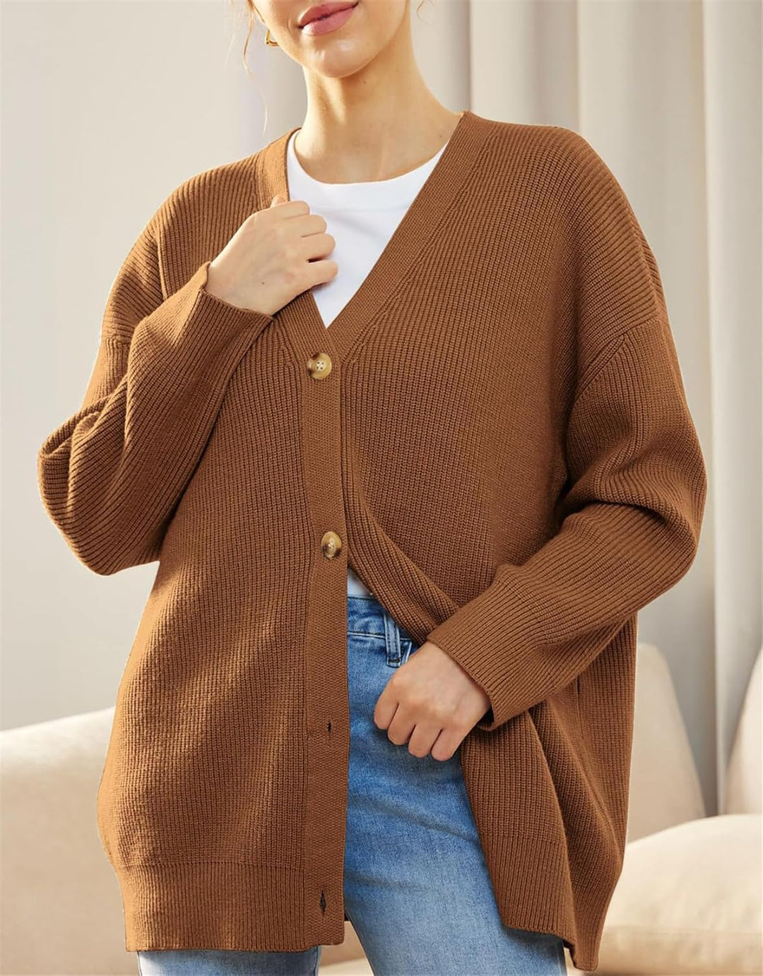 Damen Strickjacke Strick Outwear V-Ausschnitt Vorne Offen Leicht Lockere Pullover mit Knöpfen L Brau