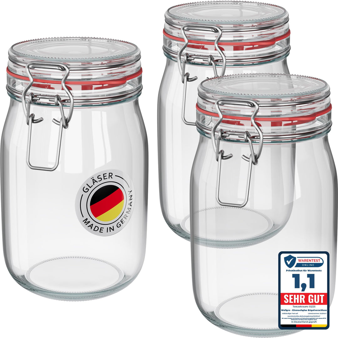 WELLGRO 3x Einmachgläser mit Bügelverschluss rund 1140ml, Fermentierglas, Vorratsgläser mit Deckel -