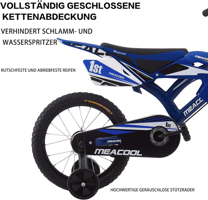 LSLIFE Motorrad-Stil Kinderfahrrad, 16/18 Zoll Fahrrad mit abnehmbaren Stützrädern, Stabil Sicher Ei