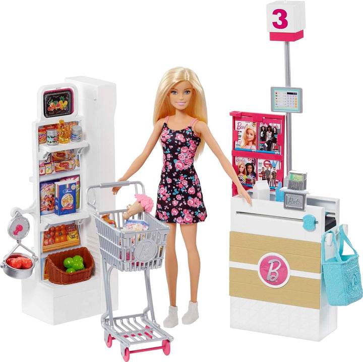 Barbie FRP01 - Barbie-Puppe und Supermarkt mit rollendem Einkaufswagen und funktionierendem Förderb