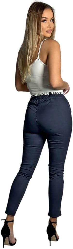 Damen Baumwolle Klassische Chino Hose mit Gürtel, S Dunkelblau