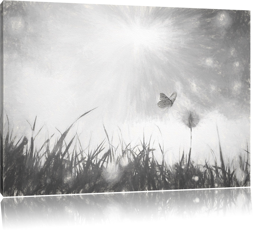 Pixxprint zarter Schmetterling fliegt zu Pusteblume Kunst Kohle Effekt, Format: 100x70 auf Leinwand,