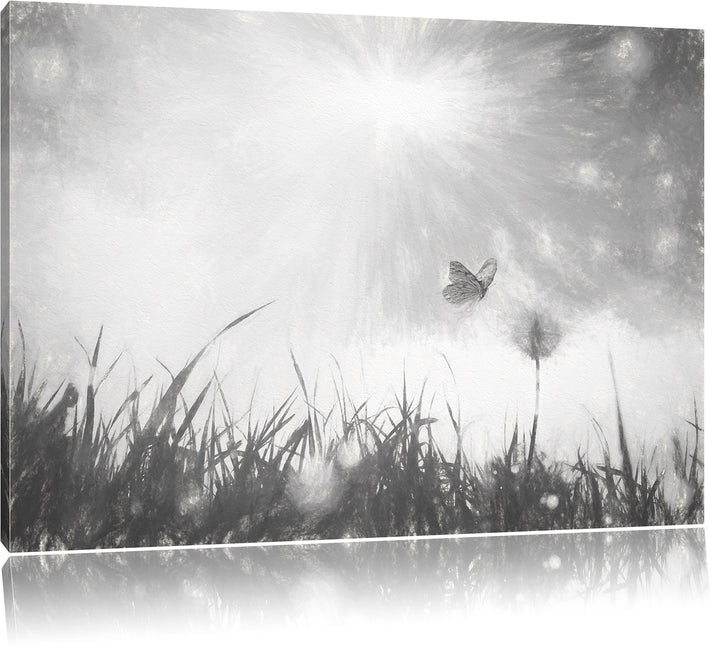 Pixxprint zarter Schmetterling fliegt zu Pusteblume Kunst Kohle Effekt, Format: 100x70 auf Leinwand,