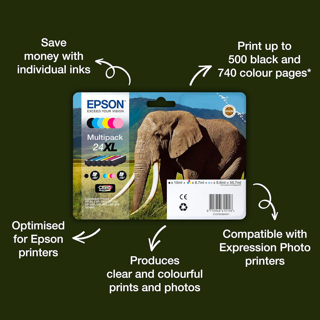 Epson 24XL Black Elephant High Yield Genuine, Claria Photo HD Ink Cartridge, XL High Capacity (Packu
