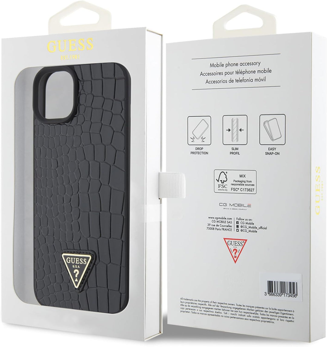 GUESS GUHCP15SPCRTHCK Hülle für iPhone 15 6.1" Schwarz hardcase Croco Triangle Metal Logo