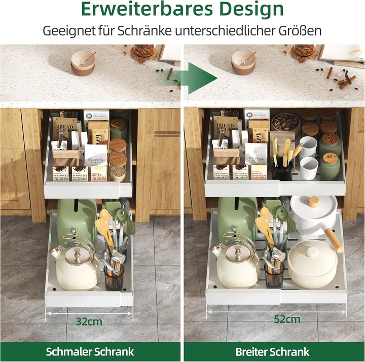 NETEL 2 stück Teleskopschublade, Ausziehbarer Schubladen küche, Einstellbare Breite 32-52cm, Tiefe 5