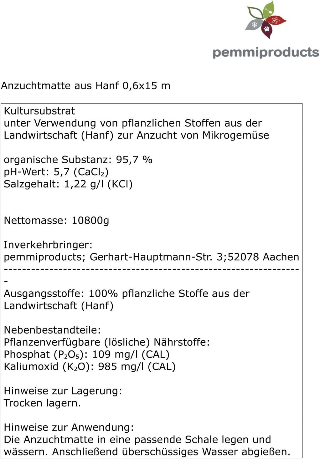 Anzuchtmatte aus 100% Hanf, 0,6 m breit, 15 m lang, ca. 1 cm dick (EUR 10,50/m²), Matte geeignet zur